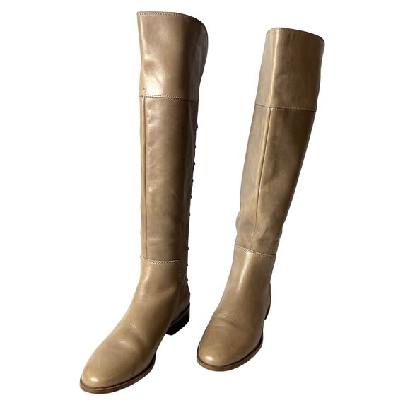Franco Sarto Knee High Womens 7M Riding Boot Beige Leather Casual Zip Up Studded - Picture 4 of 9